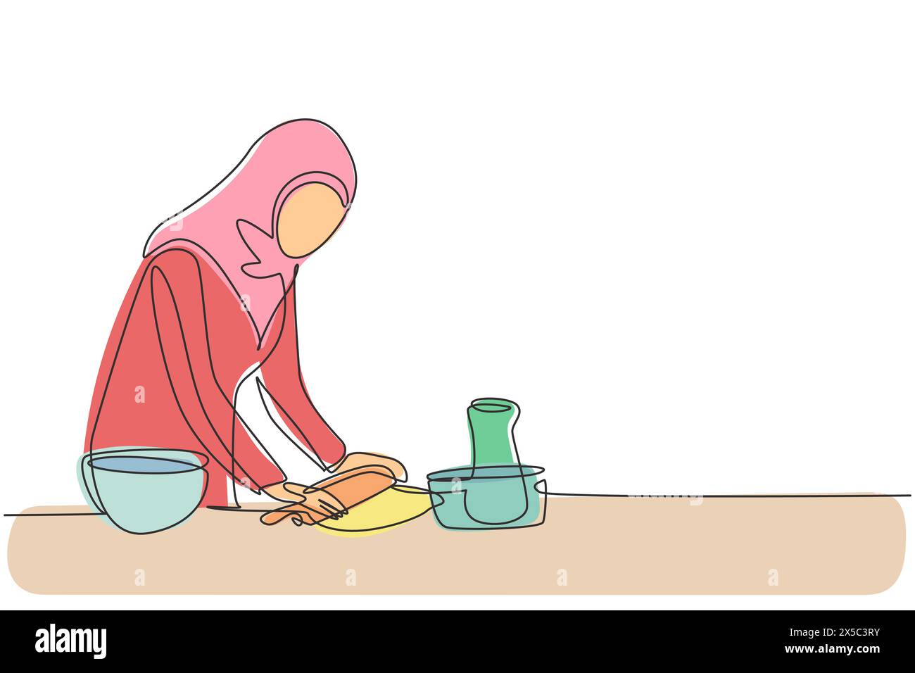 Una sola linea disegna una donna araba che prepara impasti per biscotti utilizzando il mattarello a un comodo tavolo da cucina. Preparare panetteria e pizza fatta in casa. conti moderni Illustrazione Vettoriale