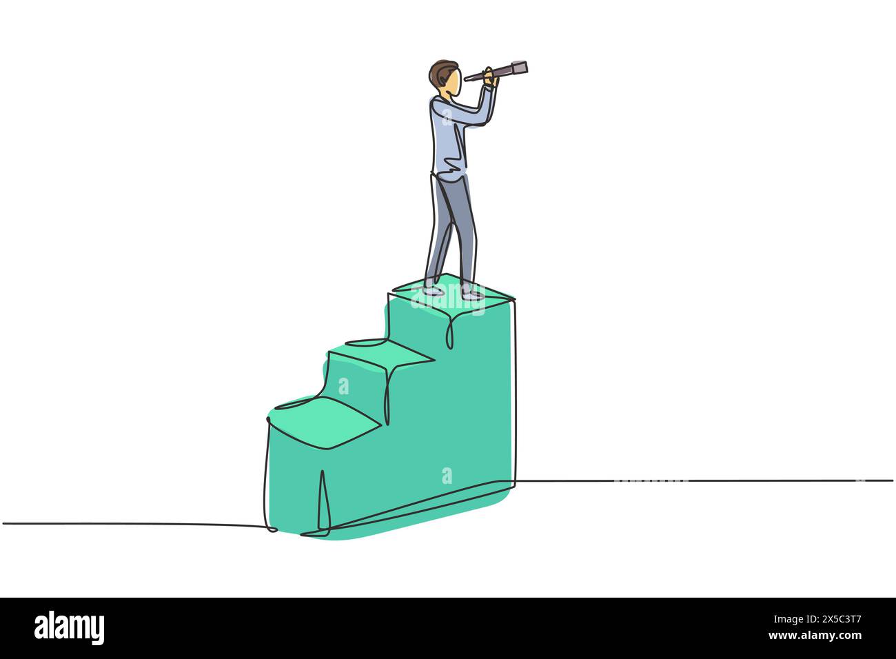 Concezione di una singola linea di visione in affari di uomo d'affari e telescopio, monoculare. Symbol leadership, strategia, missione, obiettivi. Continua Illustrazione Vettoriale
