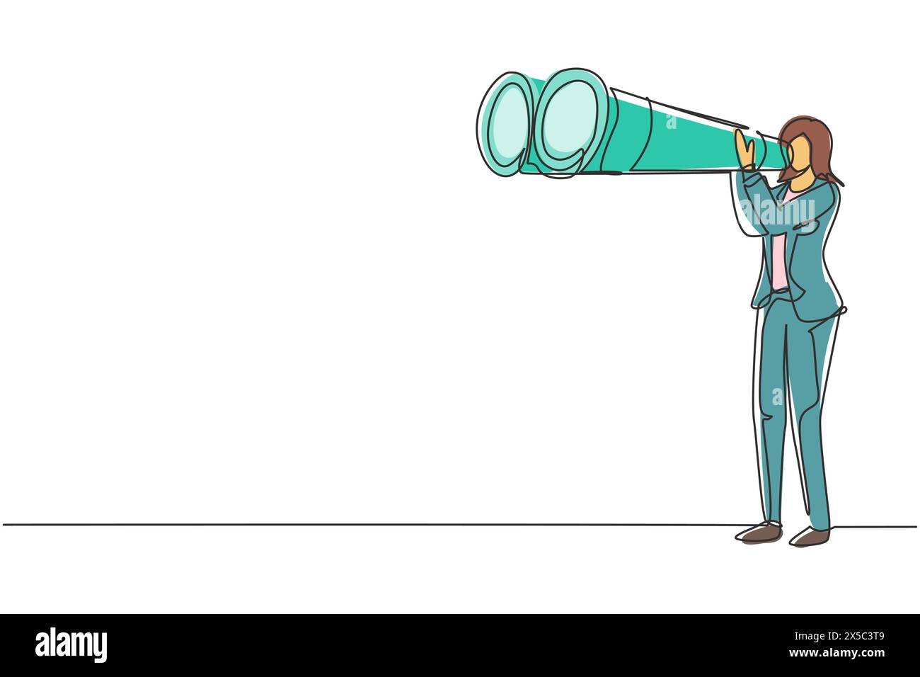 Linea singola continua che disegna una giovane donna turistica felice che guarda attraverso grandi binocoli molto avanti. La giovane donna viaggia con gli occhiali da campo. Dinamica Illustrazione Vettoriale