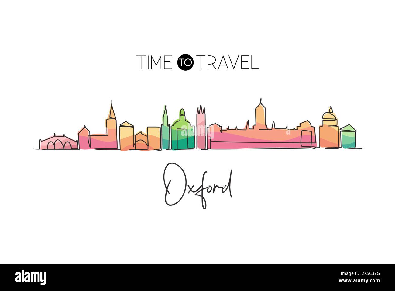 Una linea singola che disegna lo skyline di Oxford, Inghilterra. Il paesaggio storico della città. Stampa di cartoline della migliore destinazione di vacanza. Tratto modificabile alla moda Illustrazione Vettoriale