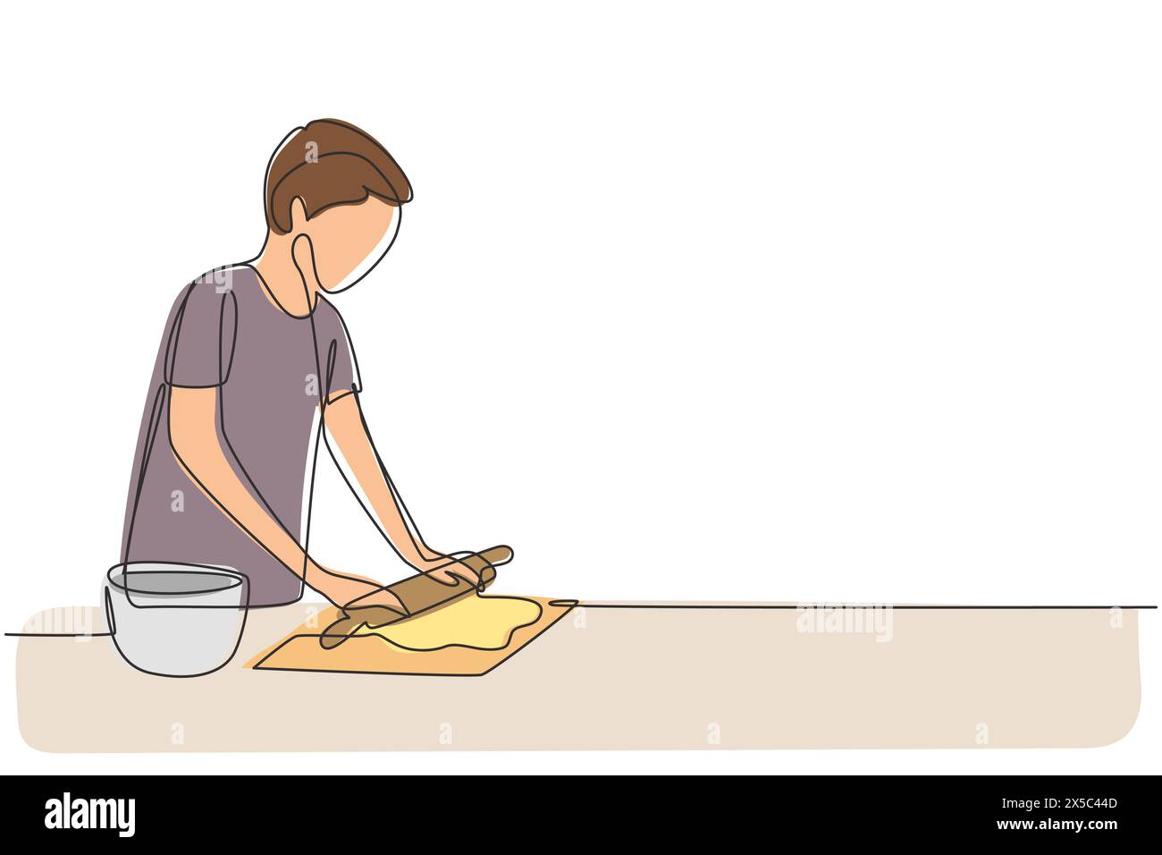 Linea singola continua che disegna il giovane che prepara l'impasto per biscotti utilizzando il mattarello sul comodo tavolo da cucina. Preparare panetteria e pizza fatta in casa. Dynami Illustrazione Vettoriale
