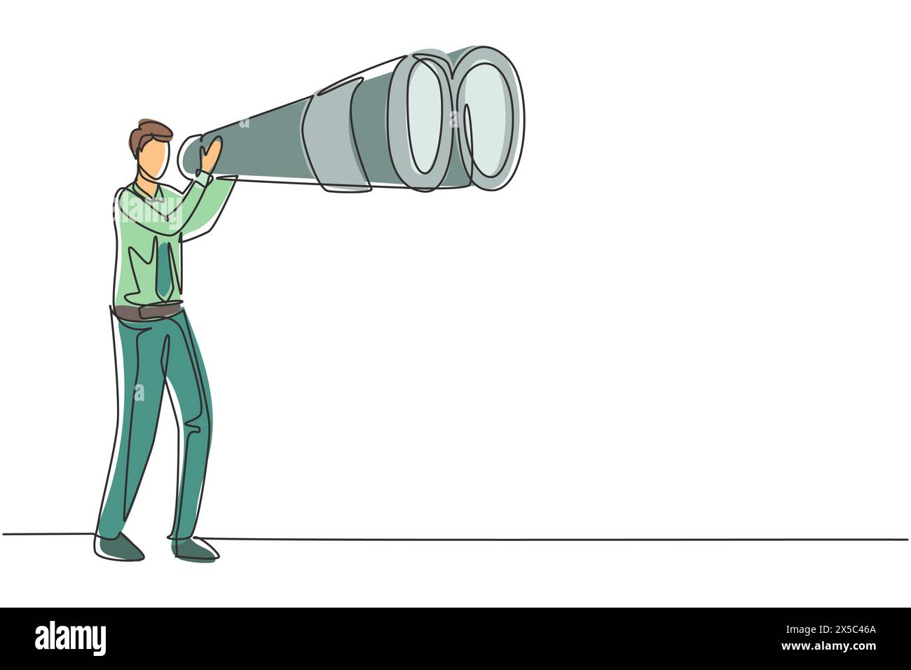 Una linea continua che attira turisti che guardano attraverso grandi binocoli molto avanti. Il giovane gentiluomo viaggia con gli occhiali da campo. Trova qualcosa Illustrazione Vettoriale