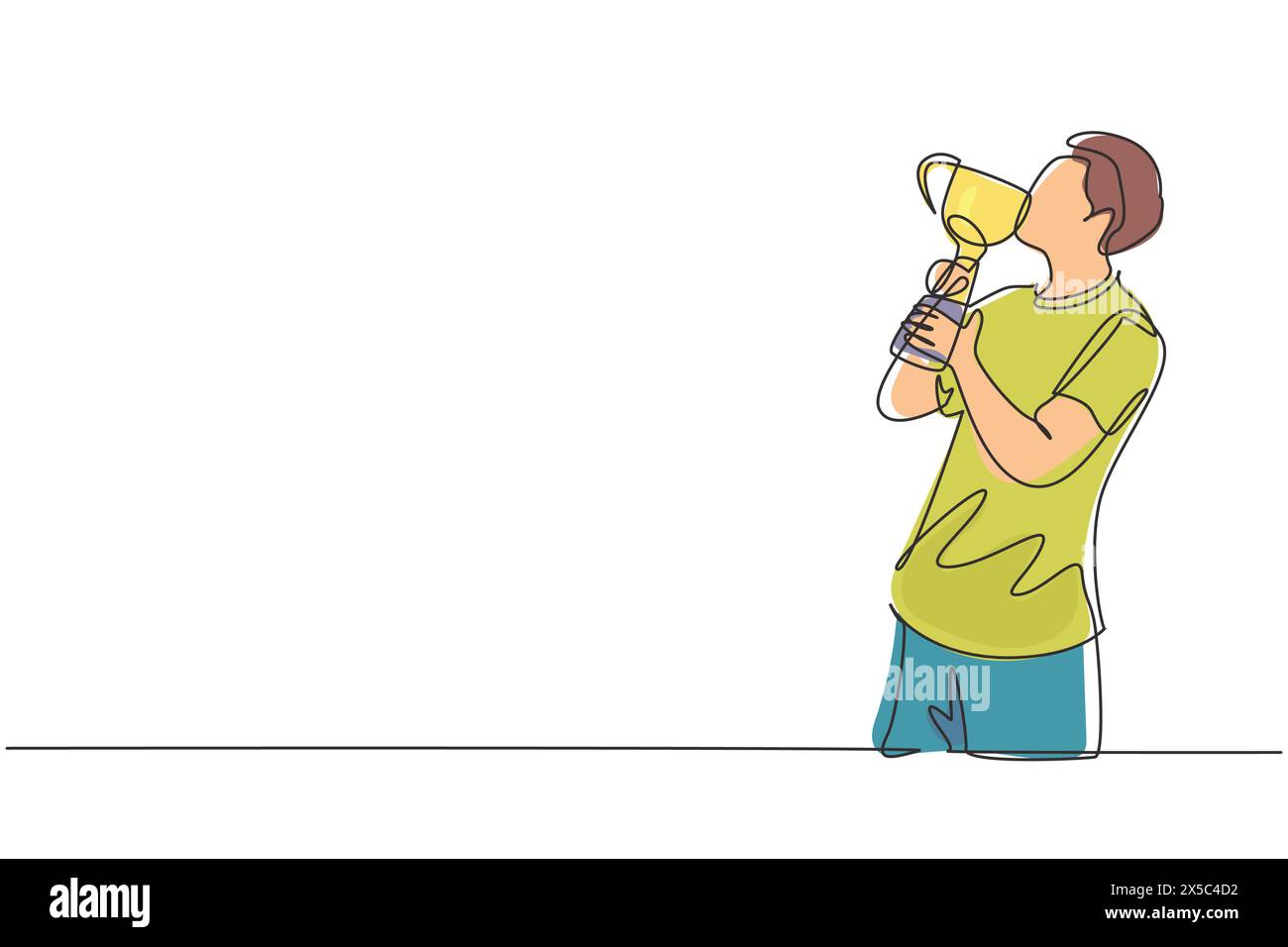 Una linea continua che attira un giovane atleta maschile che indossa un trofeo di baci in maglia dopo aver vinto una competizione sportiva mondiale. Un momento orgoglioso e indimenticabile Illustrazione Vettoriale