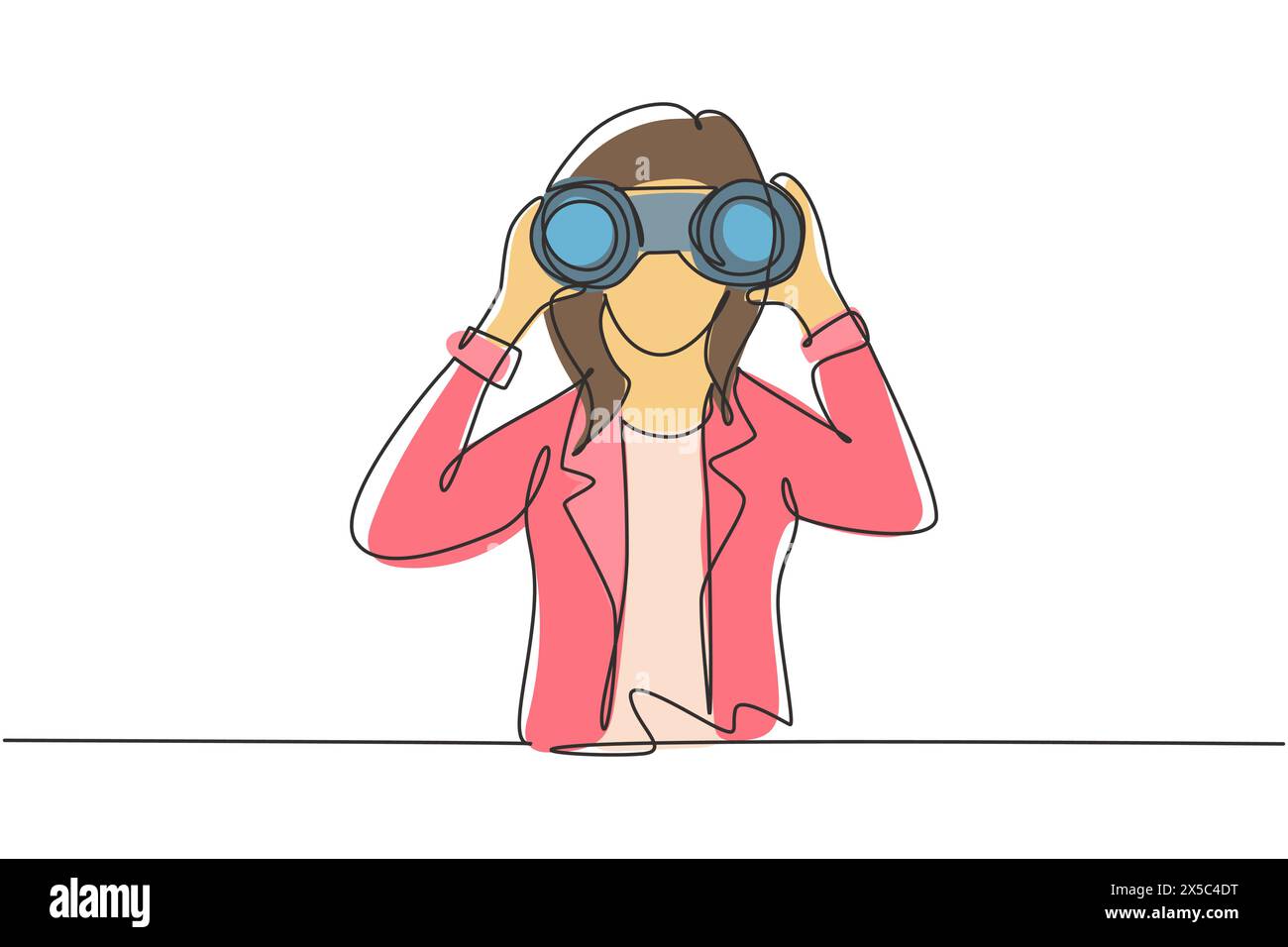 Una sola linea che attira una giovane donna d'affari che guarda attraverso un binocolo in cerca di lavoro. Trova tutte le opportunità nel mondo dei posti di lavoro adatti. Conti Illustrazione Vettoriale