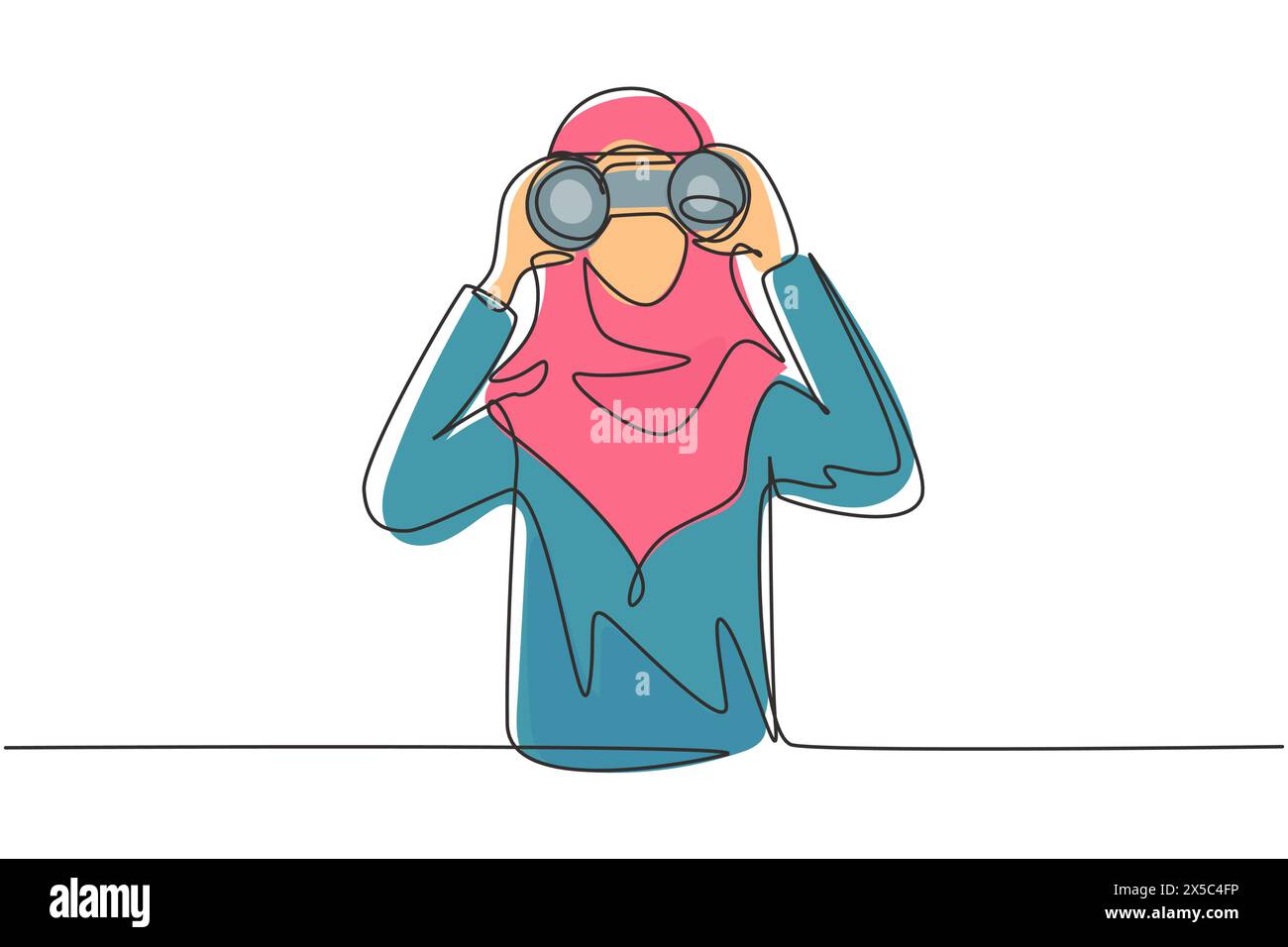 Linea singola continua che disegna una donna d'affari araba che guarda attraverso binocoli in cerca di lavoro. Trova tutte le opportunità nel mondo dei posti di lavoro adatti. Illustrazione Vettoriale