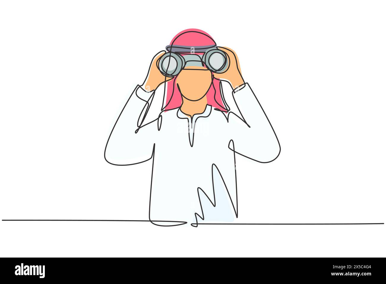 Una sola linea che disegna un uomo d'affari arabo che guarda attraverso binocoli in cerca di lavoro. Trova tutte le opportunità nel mondo dei posti di lavoro adatti. Contin Illustrazione Vettoriale