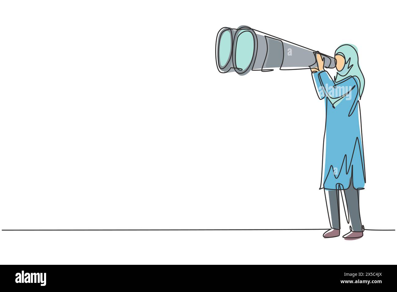 Linea singola continua che disegna una donna turistica araba felice che guarda attraverso grandi binocoli molto avanti. La giovane donna viaggia con gli occhiali da campo. Dinamica Illustrazione Vettoriale