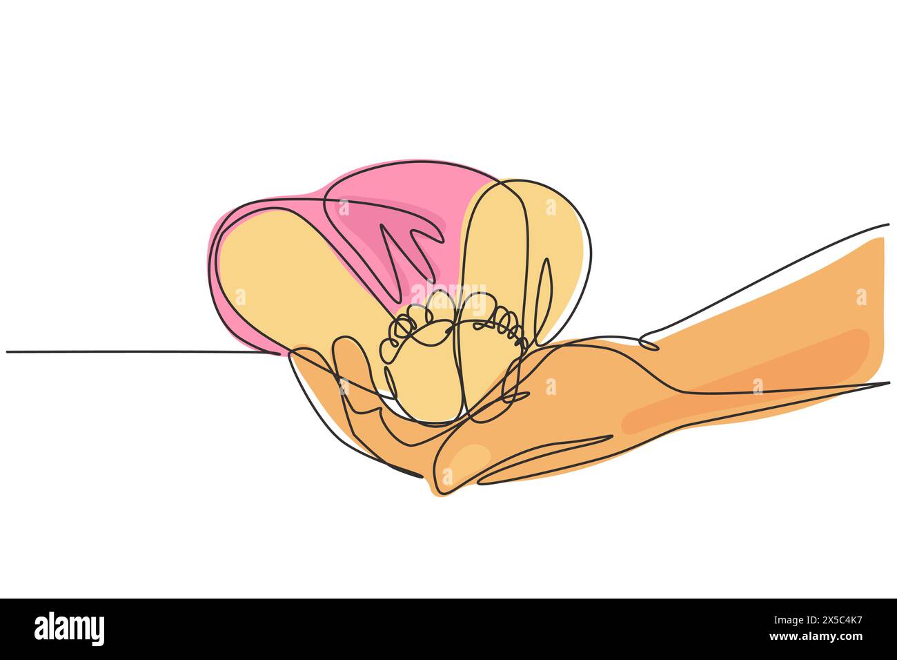Linea singola continua che disegna i piedi del bambino in mani materne. I piedi di Tiny Newborn Baby sulle mani femminili. Mamma e suo figlio. Concetto di famiglia felice. Bello Illustrazione Vettoriale