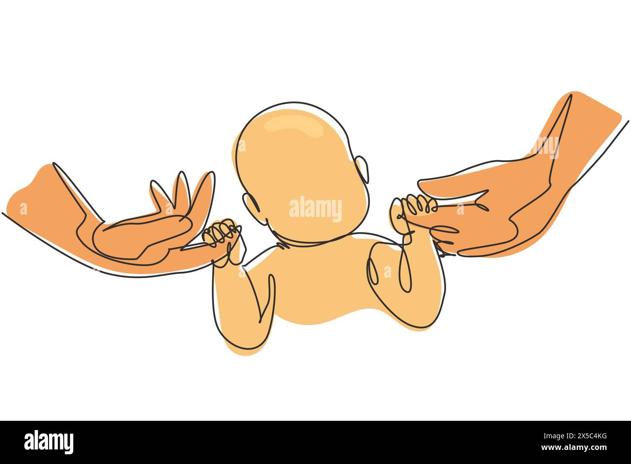 Una sola linea disegna una bella bambina che tiene le mani dei genitori. Le mani di Tiny Newborn Baby e dei genitori. Genitore con il loro bambino. Continuo moderno Illustrazione Vettoriale