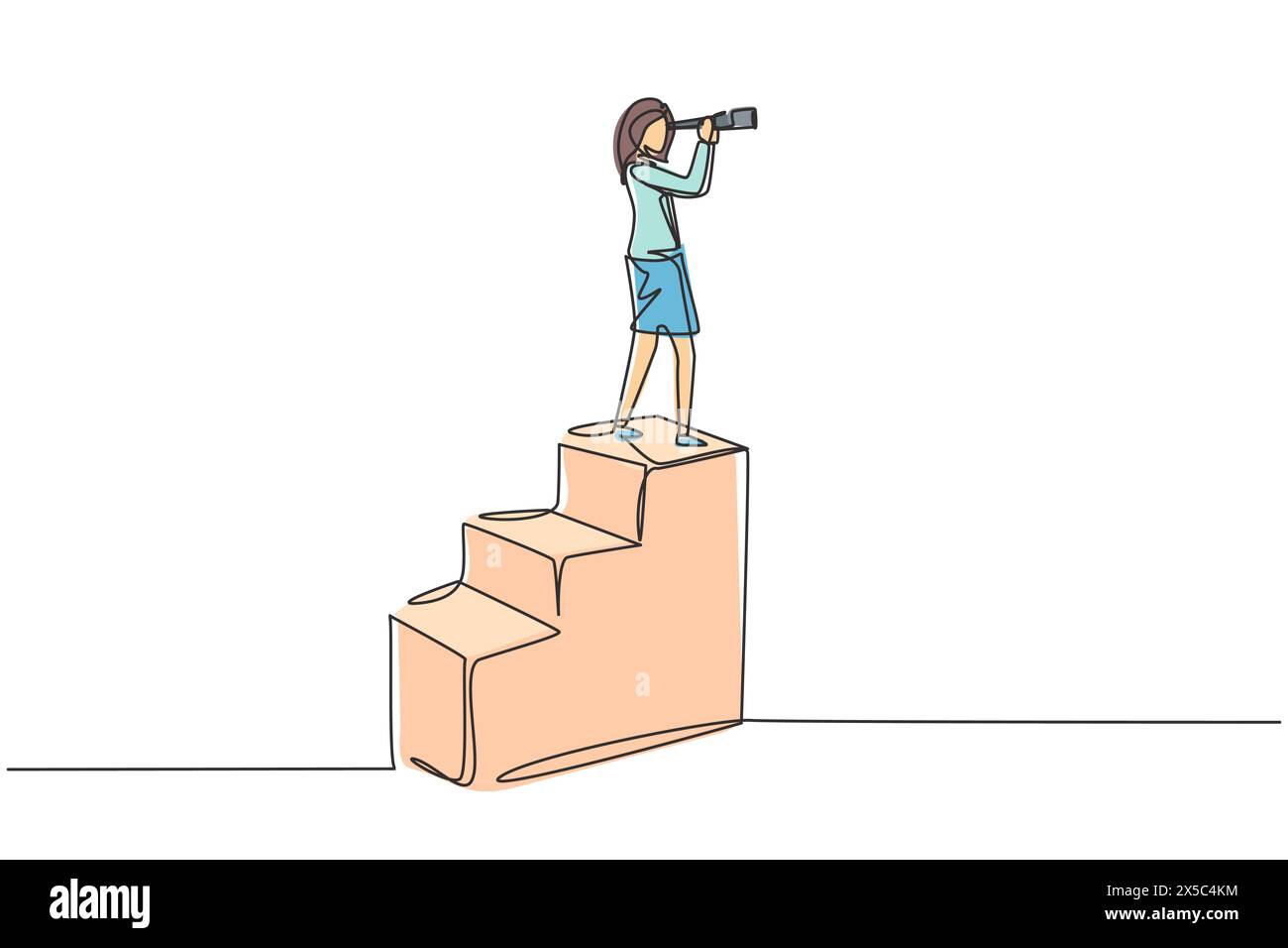 Concetto di visione di disegno a linea continua singola in affari di donna d'affari e telescopio, monoculare. Symbol leadership, strategia, missione, obiettivi. Illustrazione Vettoriale