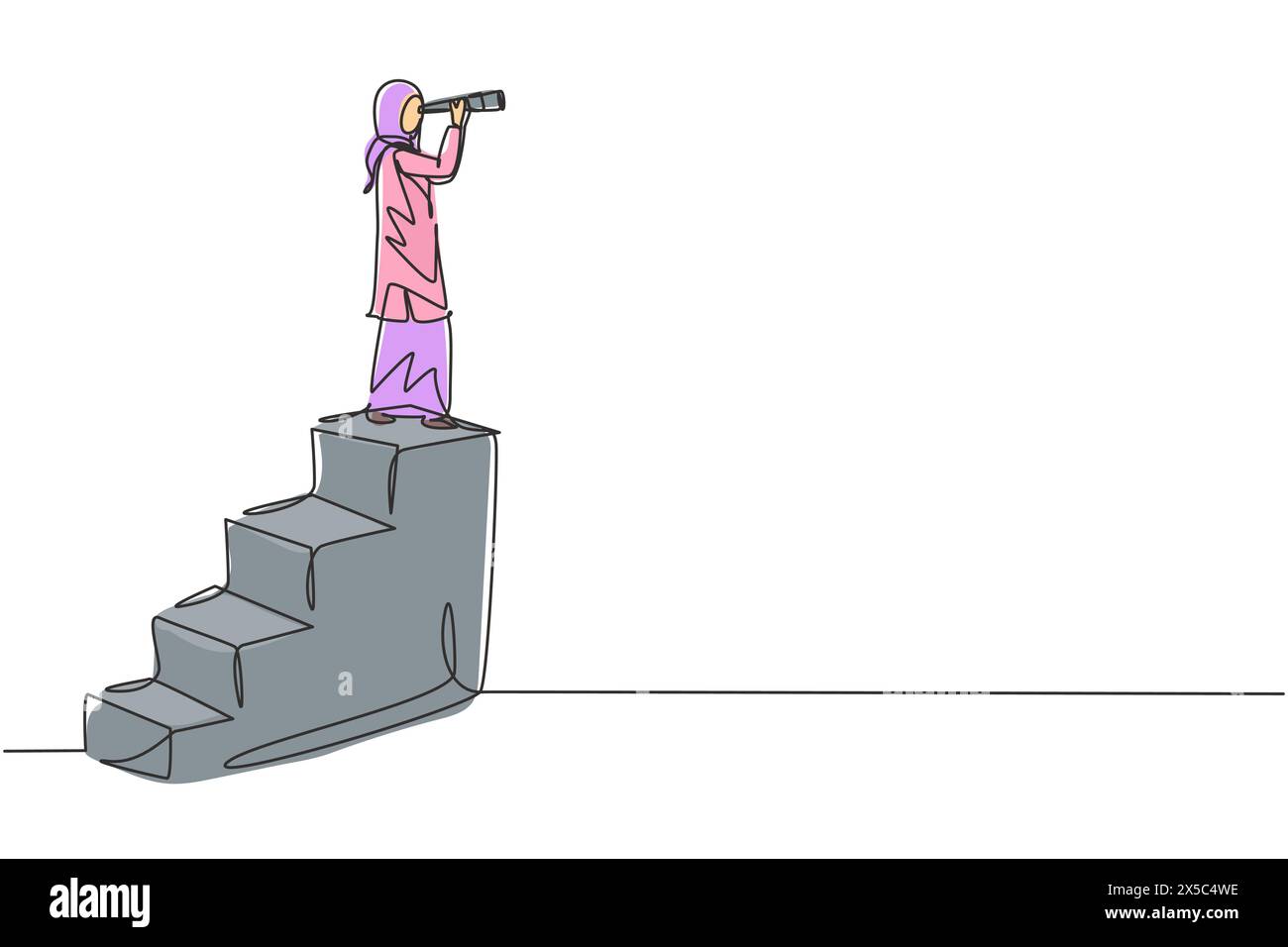 Singola linea disegnando concetto di visione in affari di donna d'affari araba e telescopio, monoculare. Symbol leadership, strategia, missione, obiettivi. C Illustrazione Vettoriale