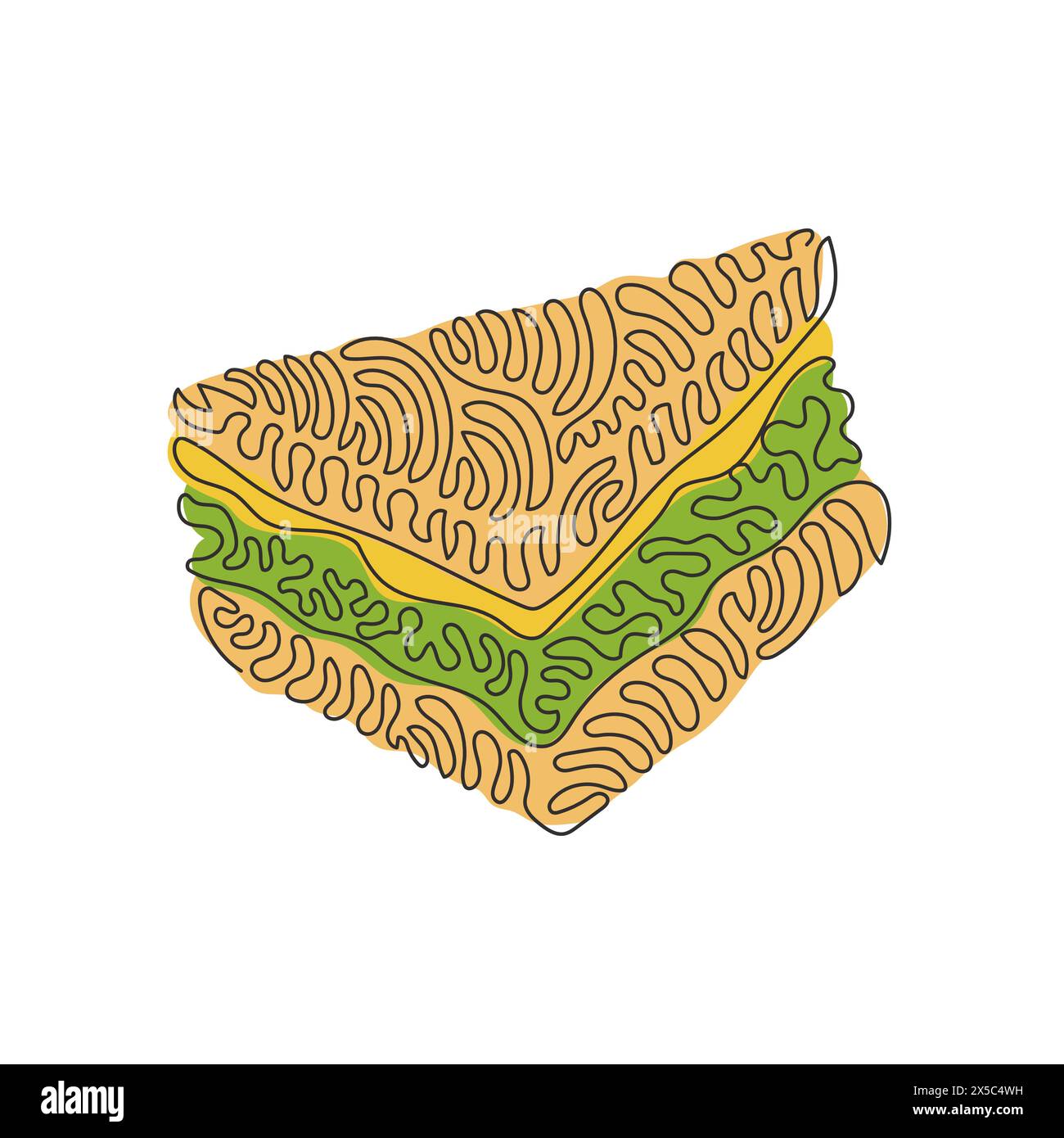 Linea singola continua per preparare deliziosi panini succosi ripieni di verdure, formaggio, carne, cotolette. Spuntino a colazione. Arriccia i capelli. Dinamica Illustrazione Vettoriale