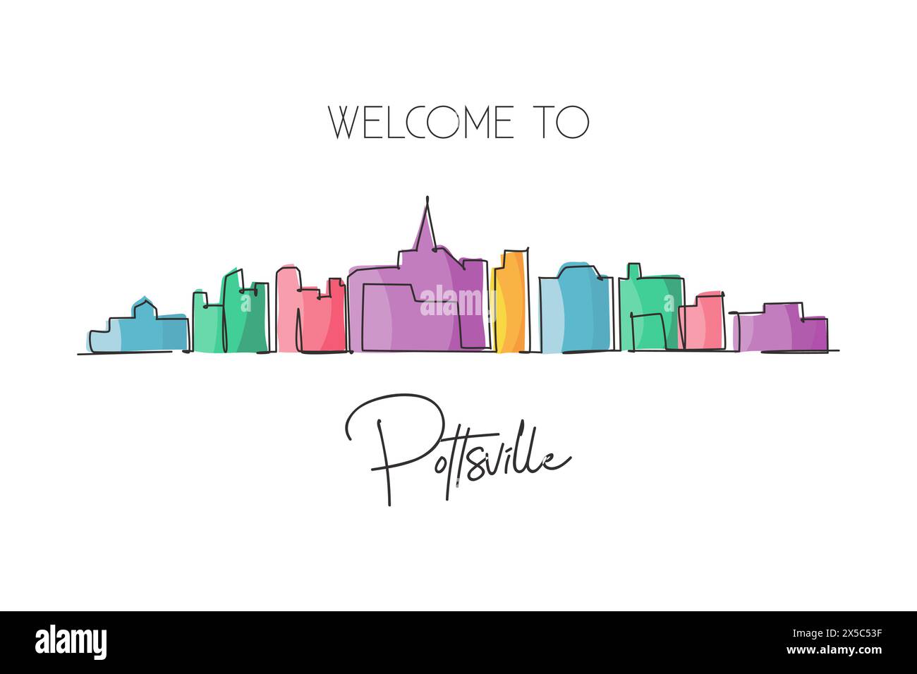 Linea continua che disegna lo skyline di Pottsville, Pennsylvania. Splendido punto di riferimento. Mondo paesaggio turismo viaggi decorazione murale poster stampa arte. Ry Illustrazione Vettoriale