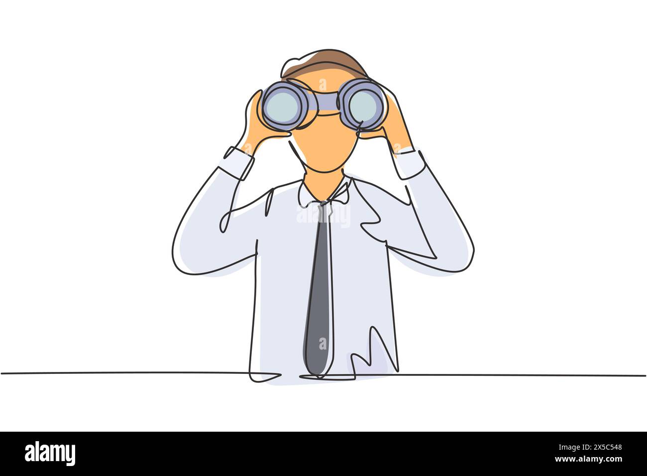 Linea singola continua che attira un giovane uomo d'affari che guarda attraverso binocoli in cerca di lavoro. Trova tutte le opportunità nel mondo dei posti di lavoro adatti. O Illustrazione Vettoriale