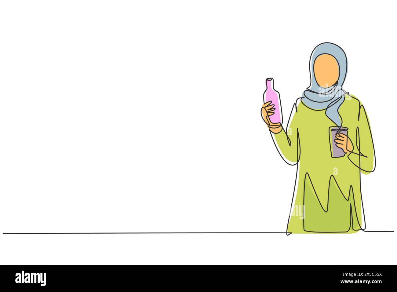 Una linea continua disegna una giovane donna araba che tiene in mano una bottiglia e un bicchiere di succo d'arancia nell'altra mentre fa colazione a casa. Cantate Illustrazione Vettoriale