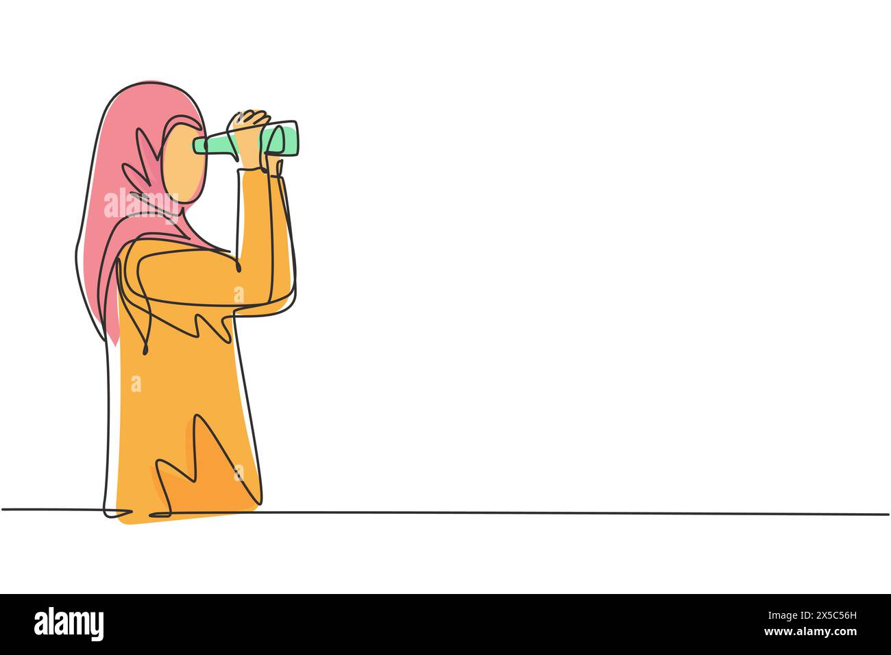 Una linea continua che disegna una donna araba che guarda a distanza con un binocolo. Goditi la bellezza della natura a perdita d'occhio. Trova qualcosa di interessante Illustrazione Vettoriale