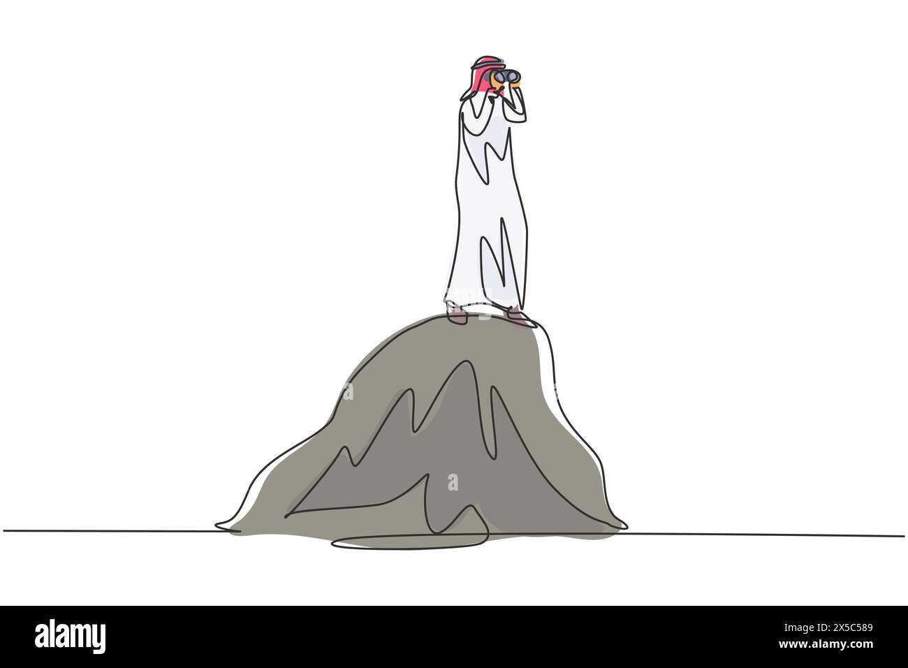 Linea singola continua che disegna un uomo d'affari arabo in piedi sulla collina mentre guarda un binocolo. Symbol leadership, strategia, missione, obiettivi. Dynami Illustrazione Vettoriale