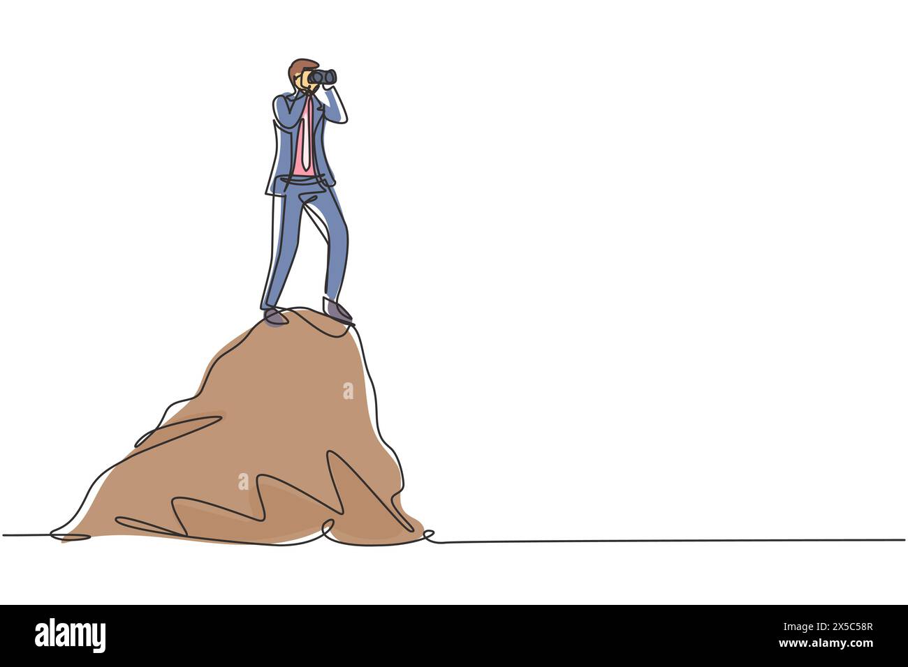 Una sola linea che attira un giovane uomo d'affari in piedi sulla collina mentre guarda un binocolo. Symbol leadership, strategia, missione, obiettivi. conti moderni Illustrazione Vettoriale
