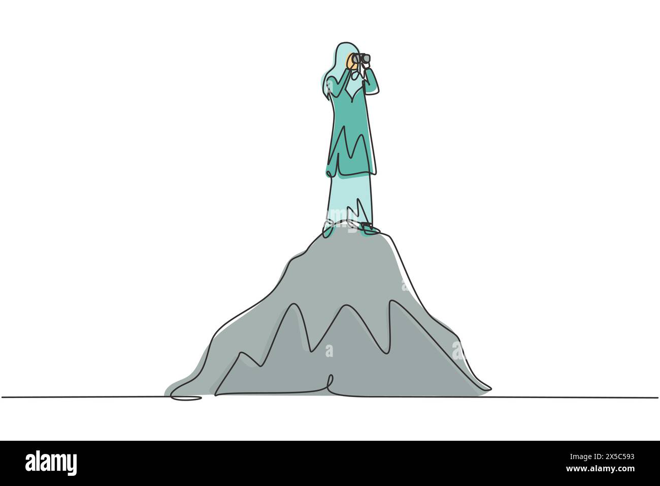 Una sola linea che disegna una donna d'affari araba in piedi sulla collina mentre guarda un binocolo. Symbol leadership, strategia, missione, obiettivi. Continua Illustrazione Vettoriale