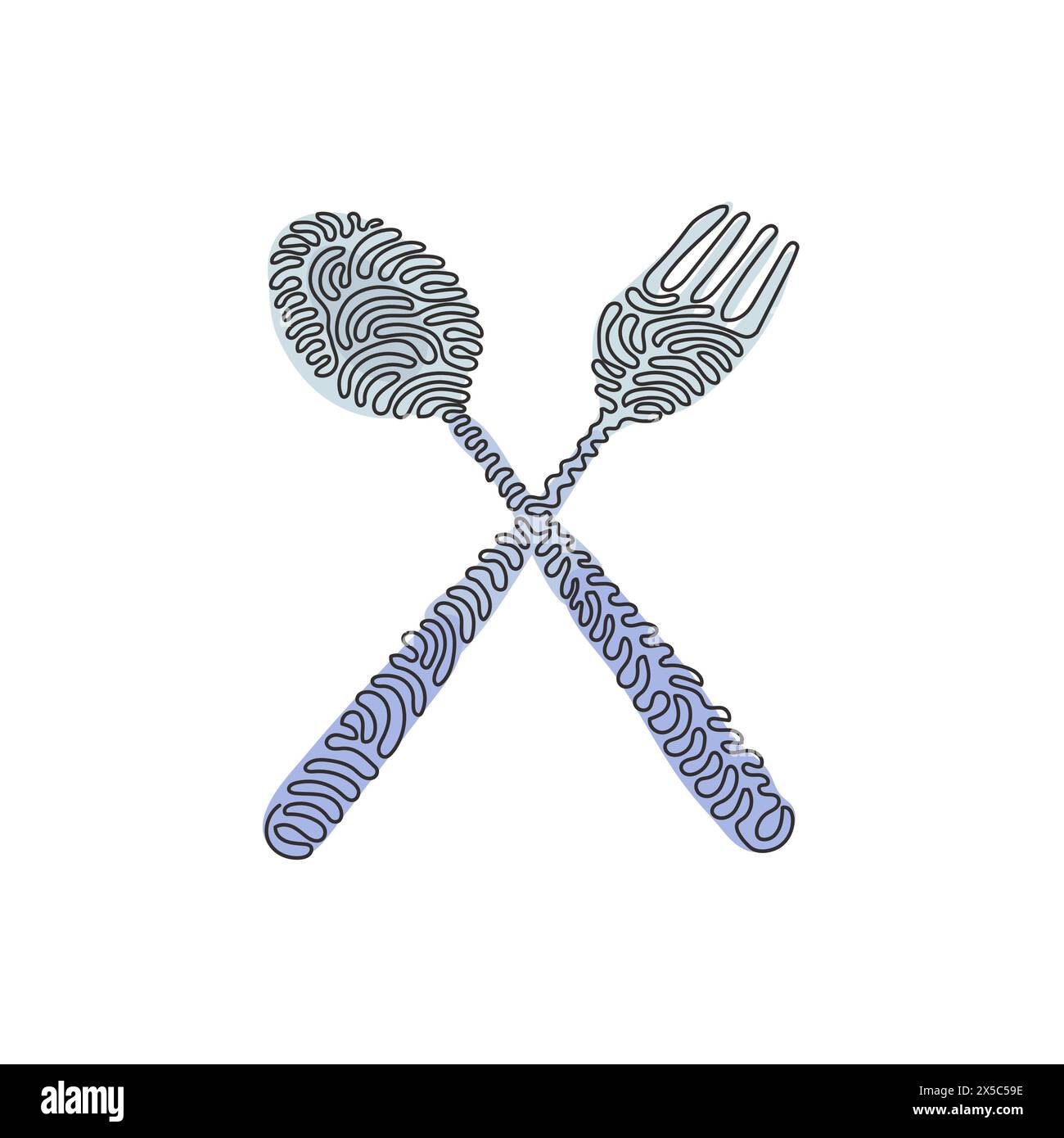 Singola linea continua disegnando l'icona del cucchiaio e della forchetta incrociati. Simbolo del ristorante. Posate semplice design piatto. Arricciatura a turbolenza su sfondo bianco. Un l Illustrazione Vettoriale