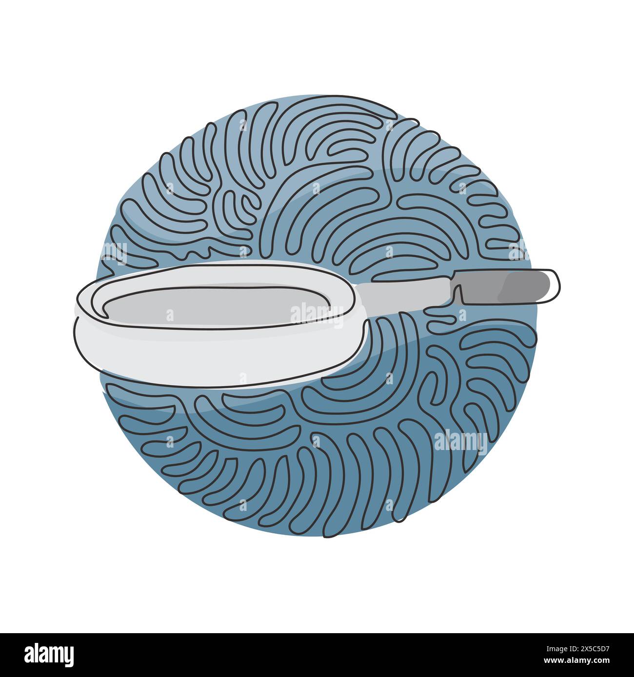 Griglia per friggere a una linea continua. Articoli da cucina per cucinare. Padella, padella, padella. Utensili da cucina a casa. Turbolenza stile circolare. Peccato Illustrazione Vettoriale