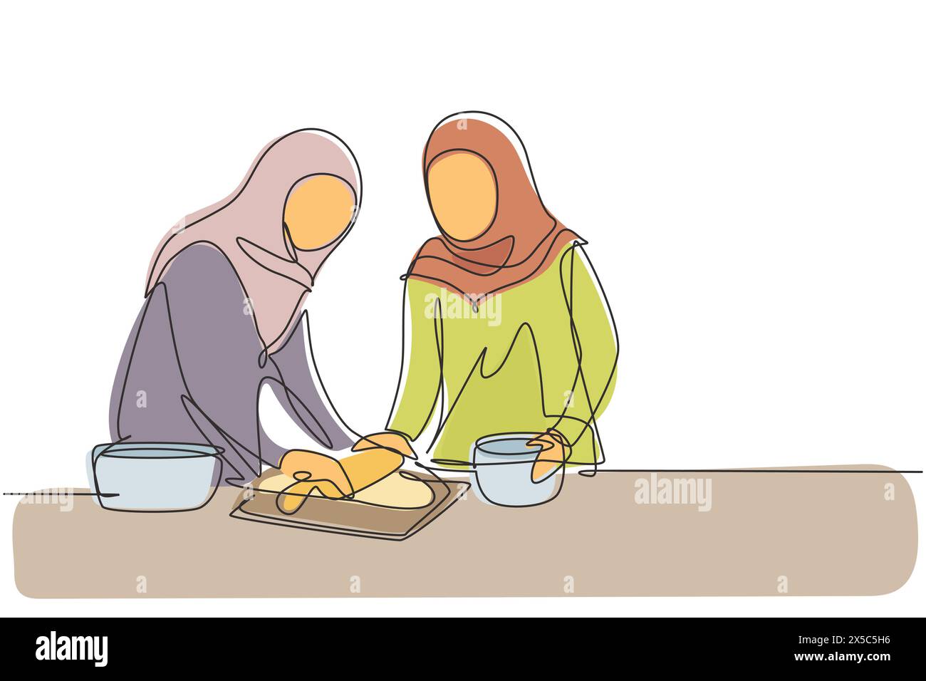 Una linea continua che disegna due donne arabe che preparano l'impasto per biscotti utilizzando il mattarello a un comodo tavolo da cucina. Preparare panetteria e pizza fatta in casa. S Illustrazione Vettoriale