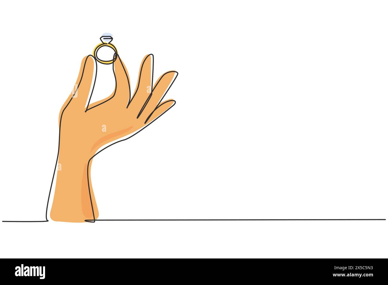 Linea singola continua che disegna la mano di una donna che tiene l'anello diamantato. Il regalo dello sposo per la sposa nel loro giorno speciale. Cerimonia di matrimonio. Dinamica Illustrazione Vettoriale