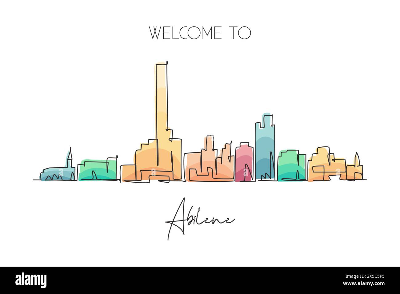 Linea singola continua che disegna lo skyline di Abilene, Texas. Il famoso paesaggio cittadino dei raschiatori. Arredamento da parete, stampa di poster artistici. Modalità Illustrazione Vettoriale