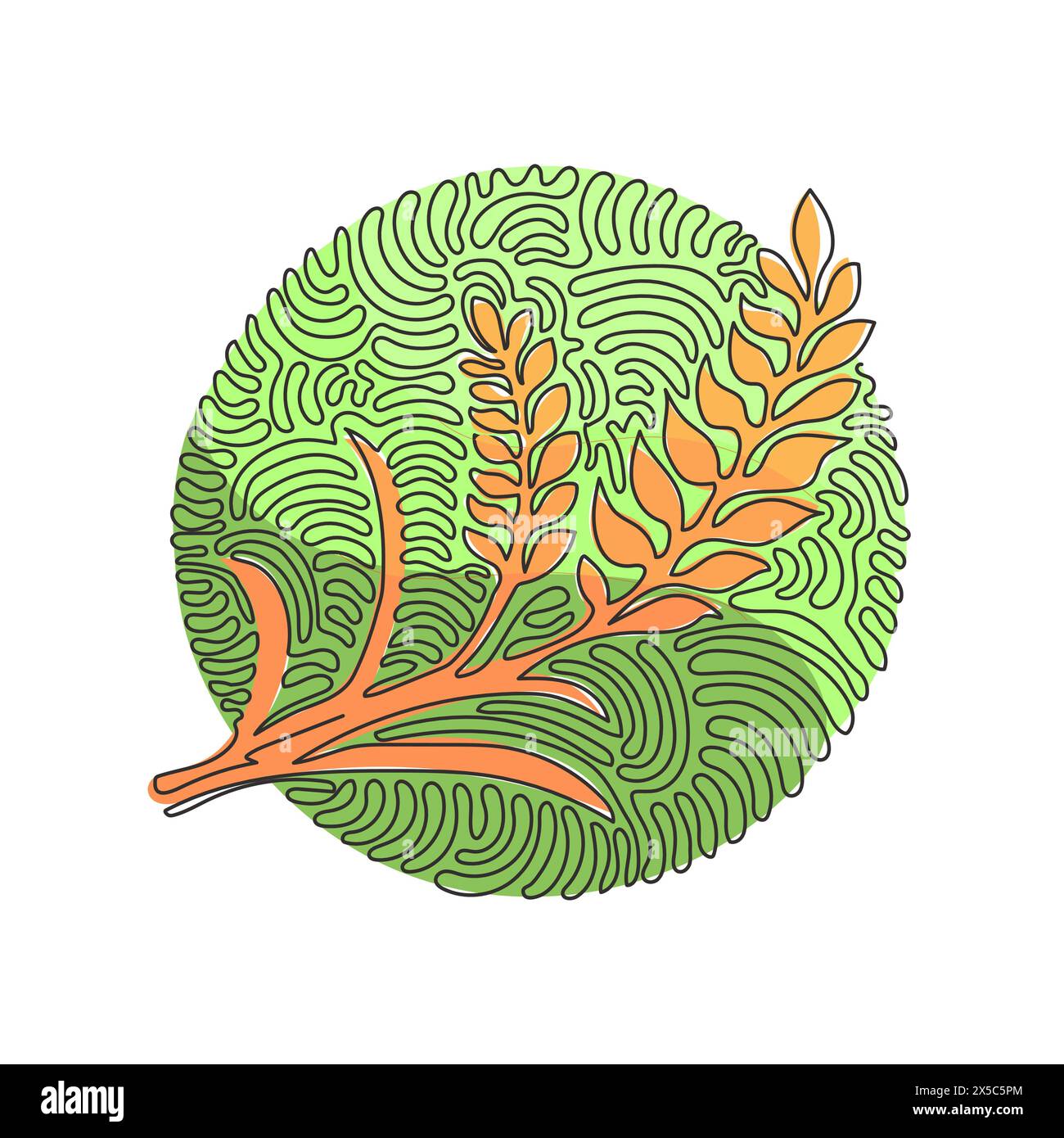 Disegno continuo di una linea con il modello del logo del simbolo del grano. Icona di un'azienda agricola. Segno naturale di grana del prodotto. Stile di sfondo cerchio arricciatura a turbolenza. Singolo Illustrazione Vettoriale