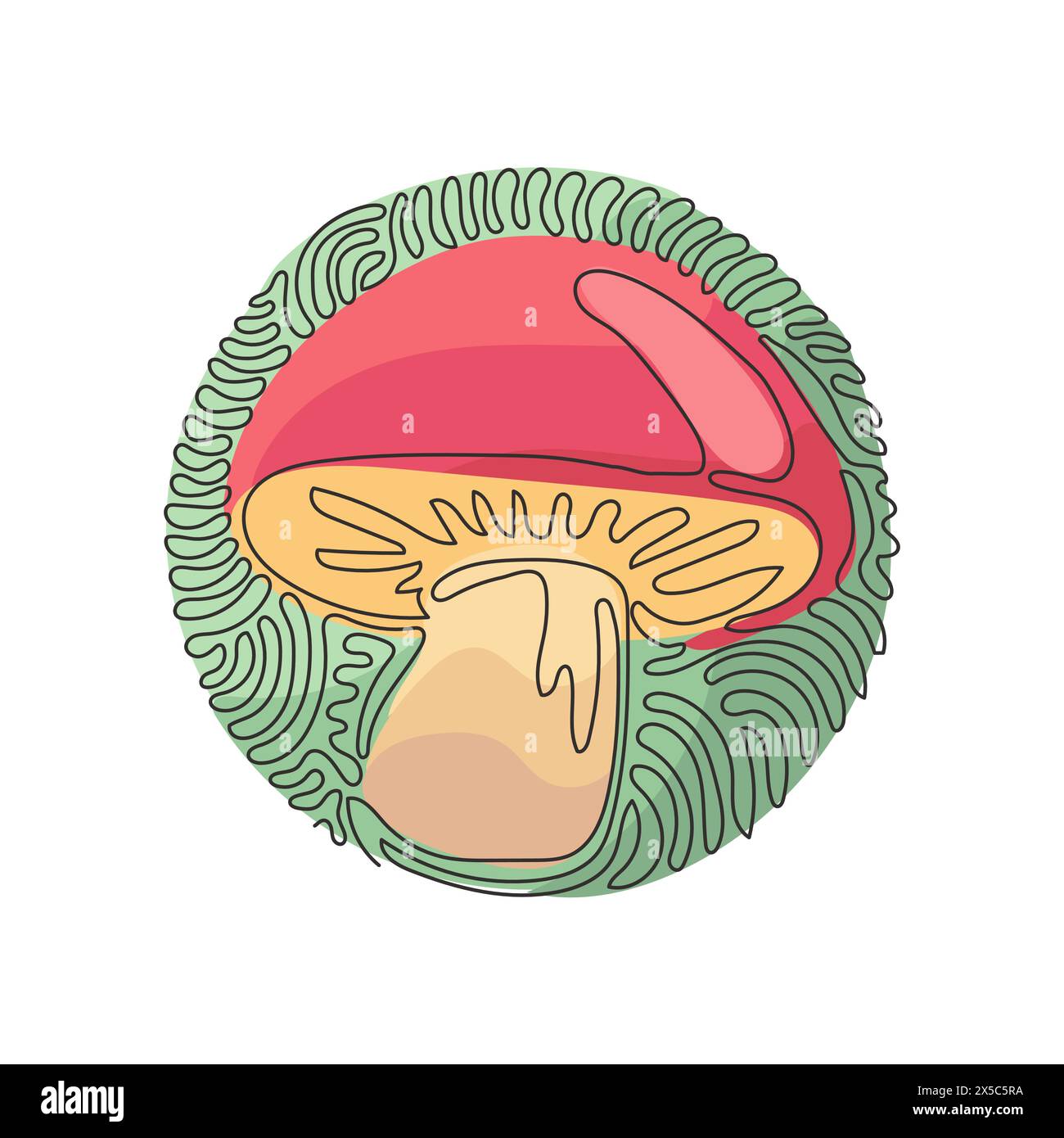 Una sola linea di funghi porcini al porcino selvatico. Prodotto vegetariano biologico. Ottimo per menu, etichette e ricette. Stile di sfondo cerchio arricciatura a turbolenza. Con Illustrazione Vettoriale