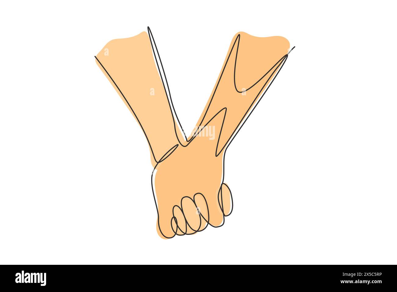 Linea continua che disegna due mani che si tengono l'una con l'altra. Segno o simbolo di amore, relazione, coppia, matrimonio. Comunicazione con i gesti delle mani. Si Illustrazione Vettoriale