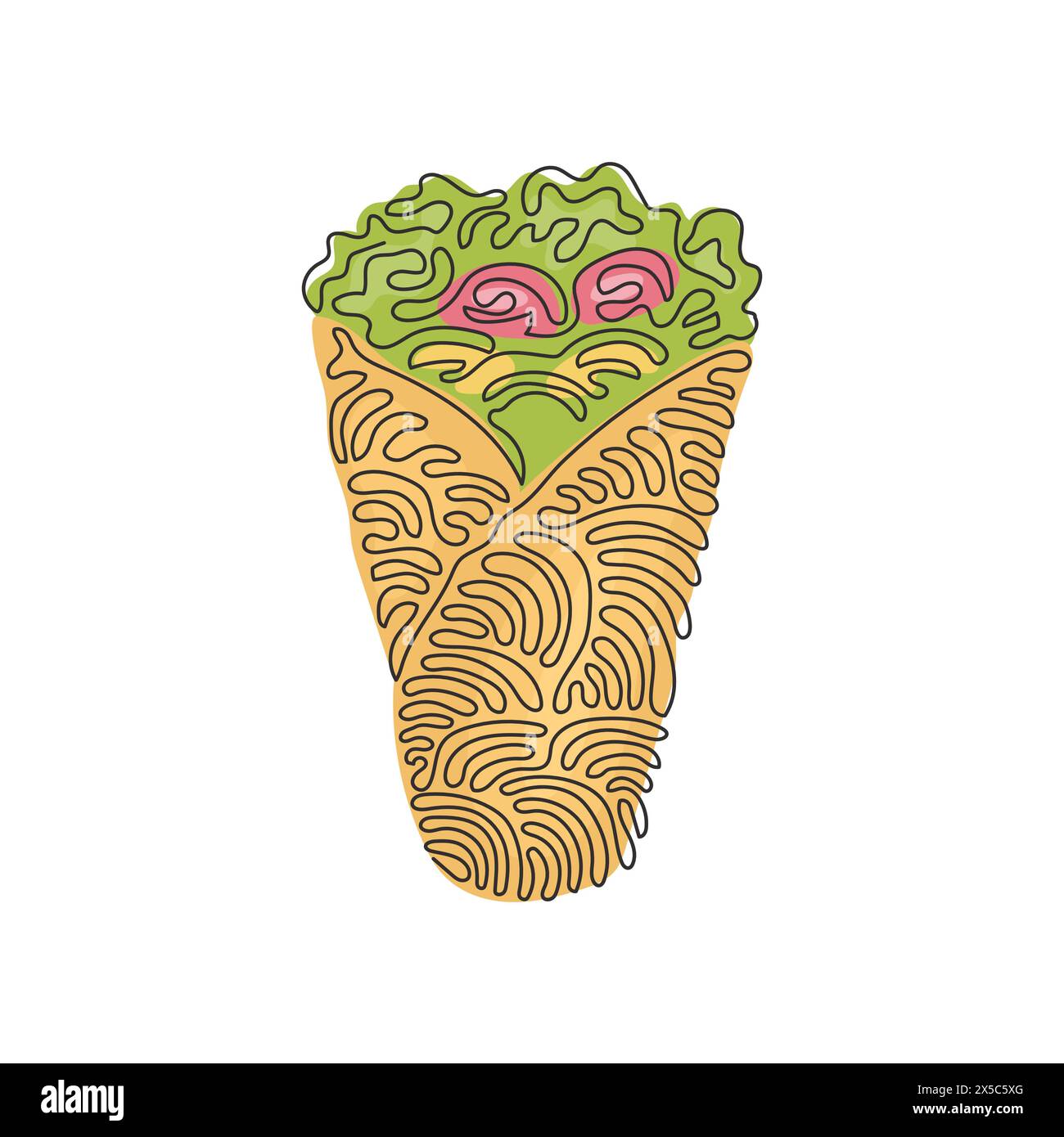 Una sola linea che disegna shawarma o involtino di pollo. Fast food turco con carne e verdure. Pasto alla griglia di shawarma. Arriccia i capelli. Continuo Illustrazione Vettoriale