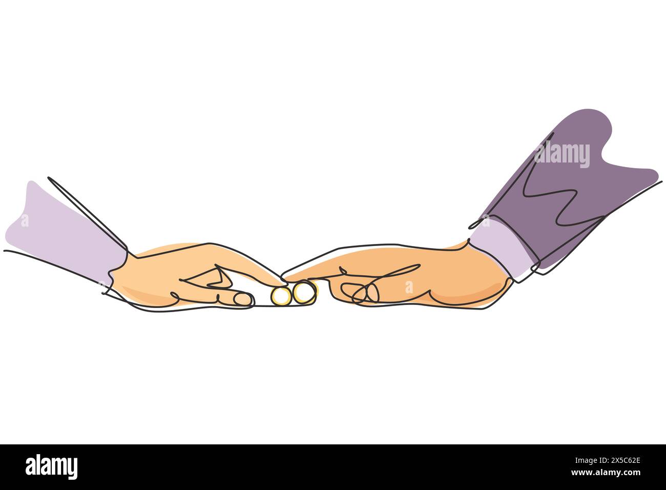 Una linea continua disegna gli anelli a contatto con la sposa e lo sposo con le dita. La sposa e lo sposo fanno voto di fedeltà il giorno del loro matrimonio. Celebrazione del matrimonio. Illustrazione Vettoriale