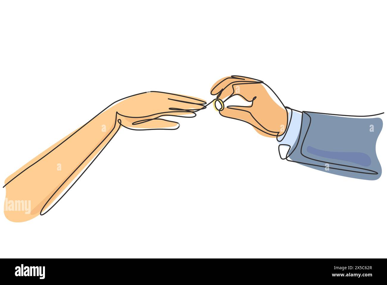 Lo sposo a una sola linea mette l'anello sul dito della sposa. La sposa e lo sposo fanno voto di fedeltà il giorno del loro matrimonio. Cerimonia di matrimonio co Illustrazione Vettoriale