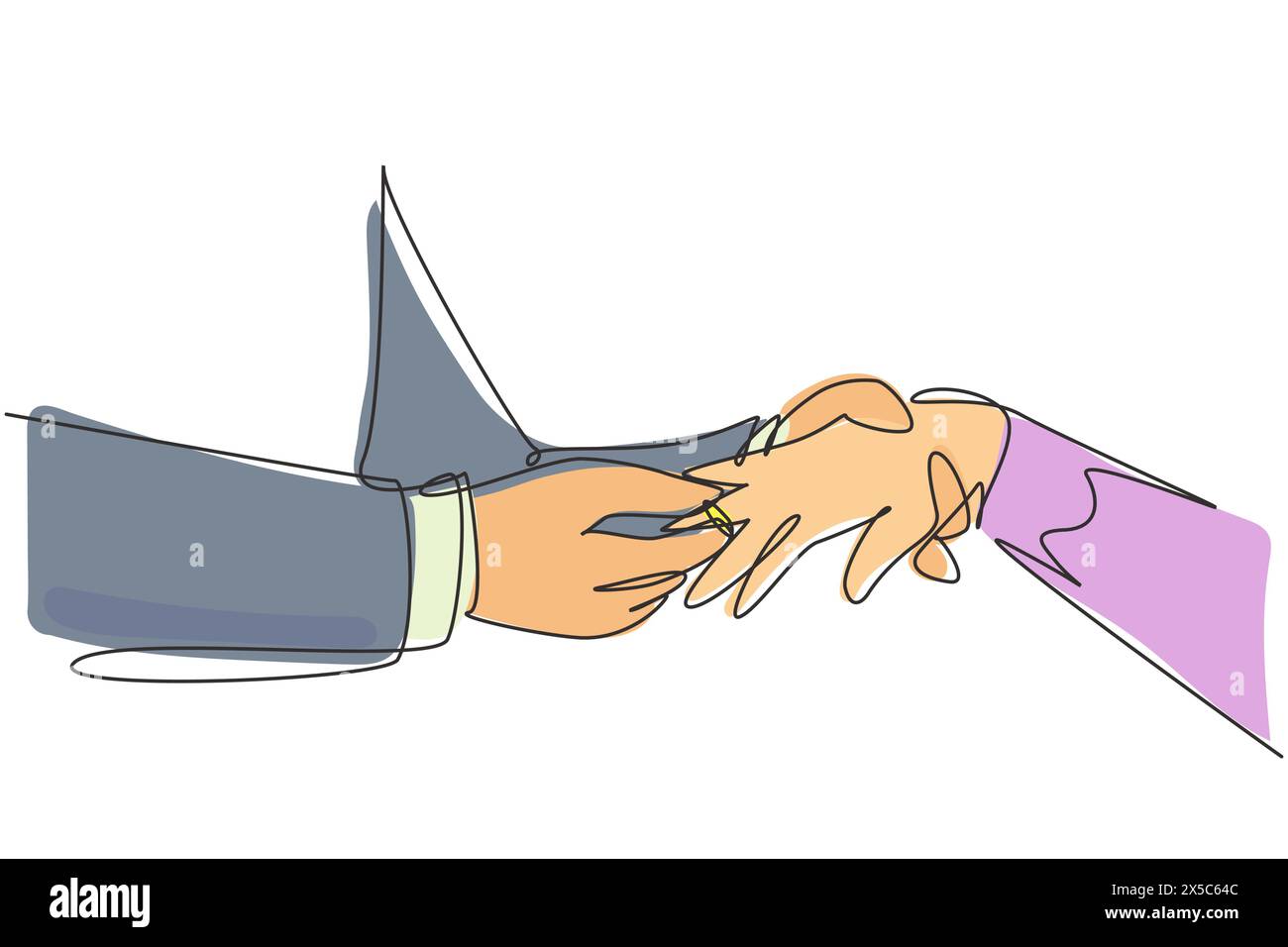 Lo sposo a una sola linea mette l'anello sul dito della sposa. La sposa e lo sposo fanno voto di fedeltà il giorno del loro matrimonio. Cerimonia di matrimonio co Illustrazione Vettoriale