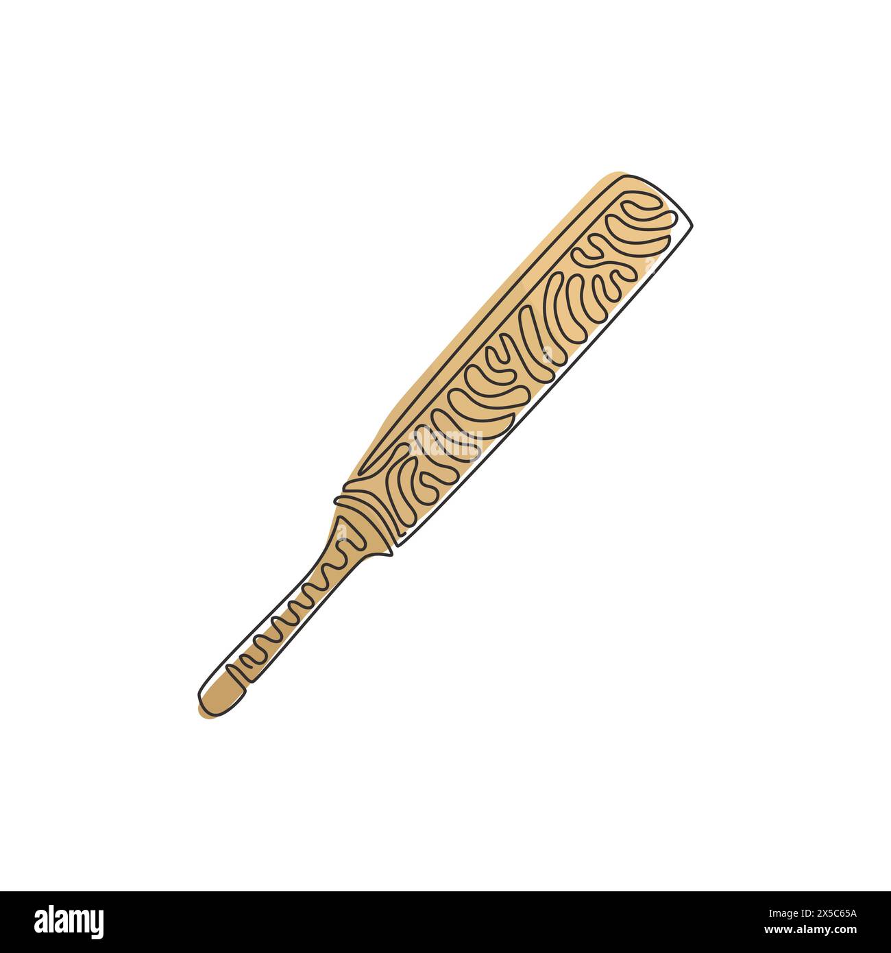 Linea singola continua che disegna i tradizionali pipistrelli da cricket in legno. Mazza di legno, gioco di cricket, attrezzatura sportiva per cricket. Sport all'aperto. Arriccia i capelli. Illustrazione Vettoriale