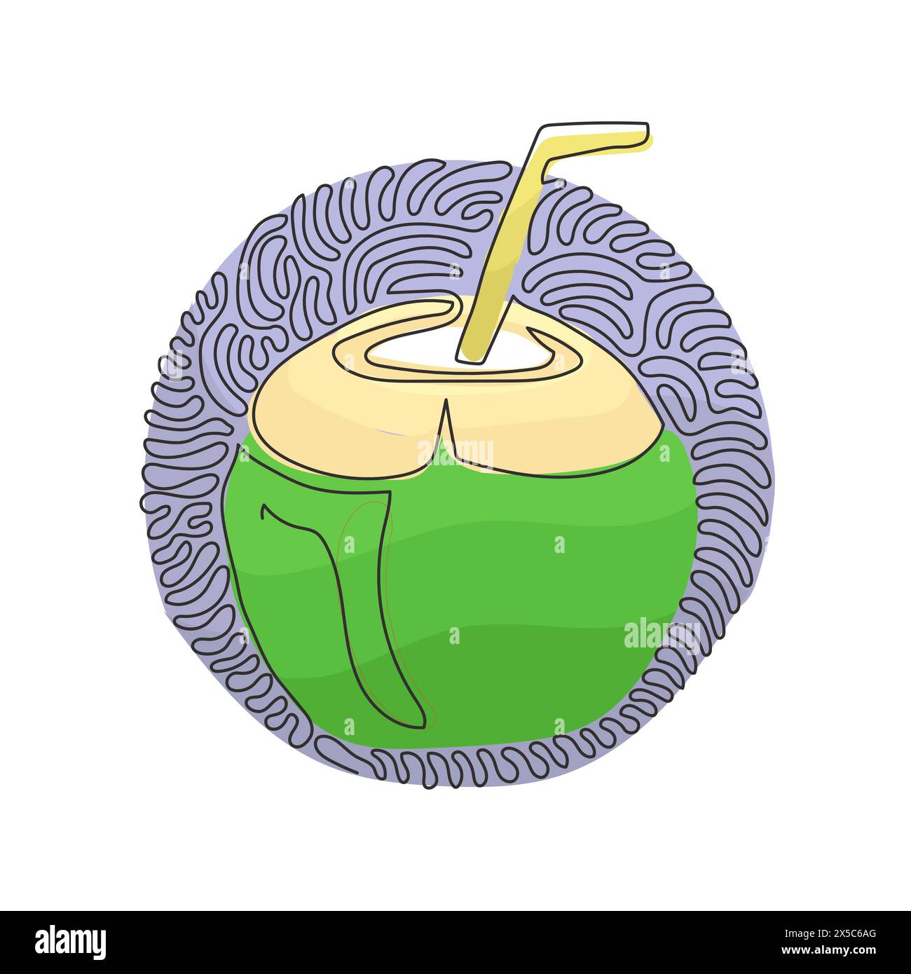 Una linea continua che disegna acqua di cocco verde bere con cannuccia potabile. Menu estivo di dessert e bevande. Stile di sfondo cerchio arricciatura a turbolenza. Peccato Illustrazione Vettoriale