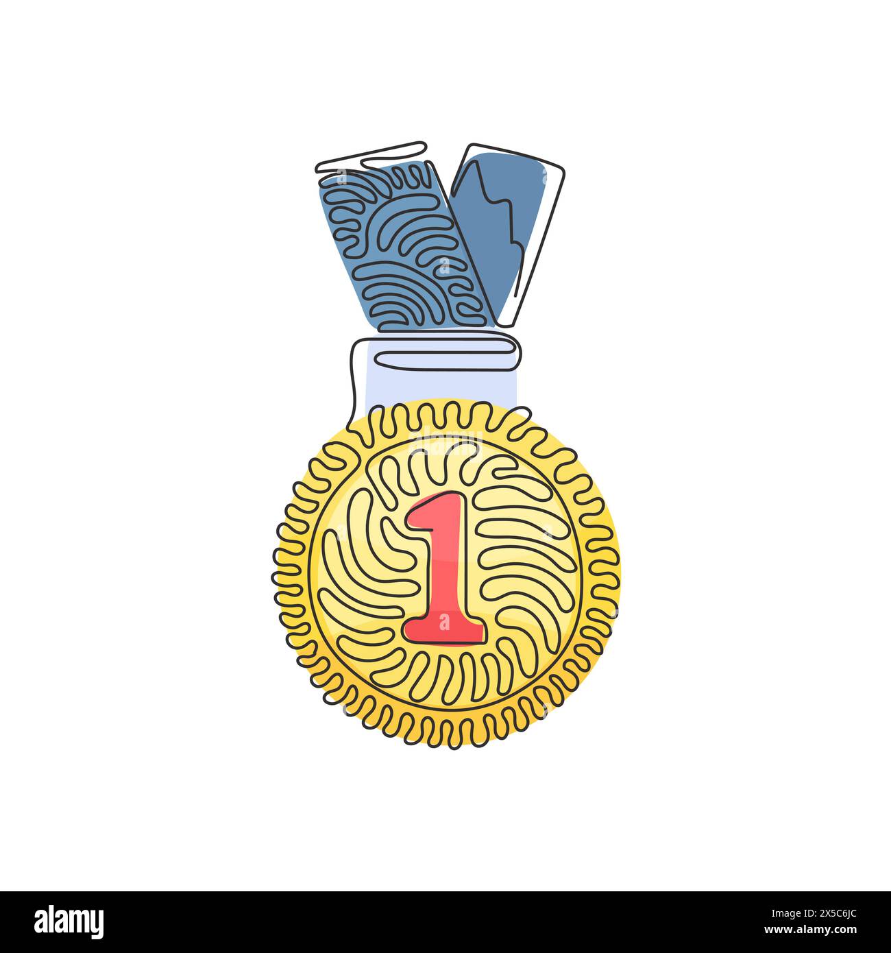 Medaglia d'oro per il primo posto con una sola linea. Medaglia d'oro sul nastro. Premio per la vittoria al primo posto. Arriccia i capelli. Con Illustrazione Vettoriale