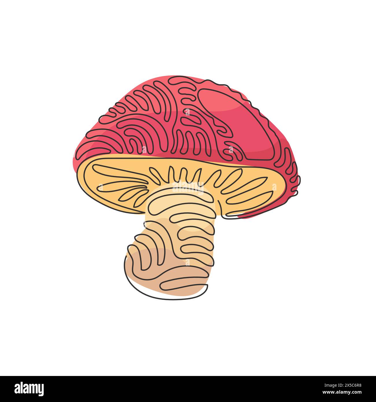 Una linea continua che disegna funghi porcini al porcino selvatico. Prodotto vegetariano biologico. Ideale per menu, etichette, prodotti e logo di ricette. Arriccia i capelli. Peccato Illustrazione Vettoriale