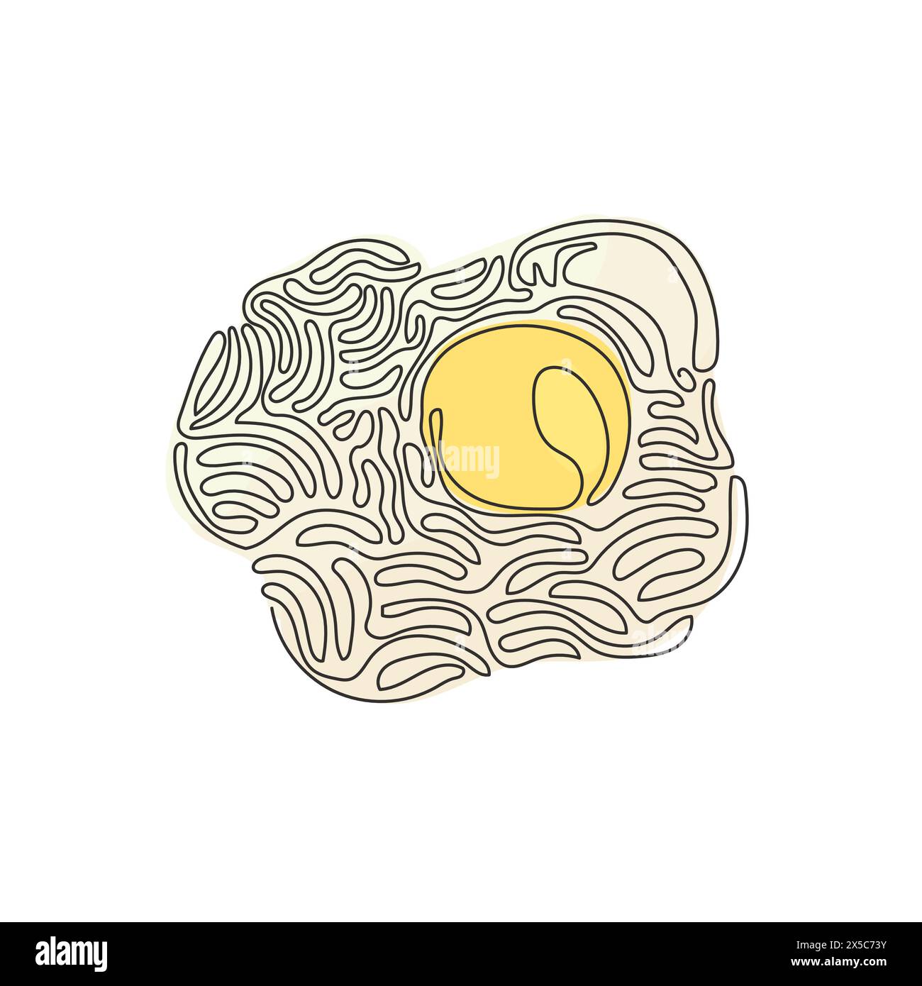 Colazione a base di uova fritte con una linea continua. Logo tuorlo omelette. Uova strapazzate. Cibo delizioso e salutare al mattino. Arriccia i capelli Illustrazione Vettoriale