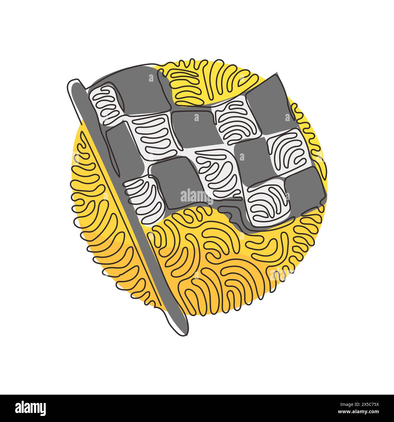 Icona di contrassegno di disegno a linea continua singola. Insegna da corsa. Bandiera da corsa a scacchi. Bandiera bianca e nera. Fine, punto di partenza. Sfondo cerchio arricciatura turbolenza s Illustrazione Vettoriale Icona di contrassegno di disegno a linea continua singola. Insegna da corsa. Bandiera da corsa a scacchi. Bandiera bianca e nera. Fine, punto di partenza. Sfondo cerchio arricciatura turbolenza s Illustrazione Vettoriale