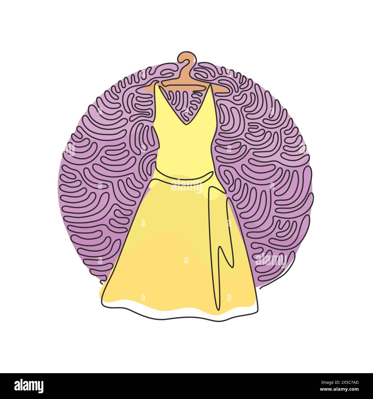 Una linea continua disegna abiti eleganti su appendiabiti. Abito moderno ed elegante. Icona negozio di abbigliamento. Boutique di moda. Stilo per lo sfondo del cerchio di arricciamento a spirale Illustrazione Vettoriale