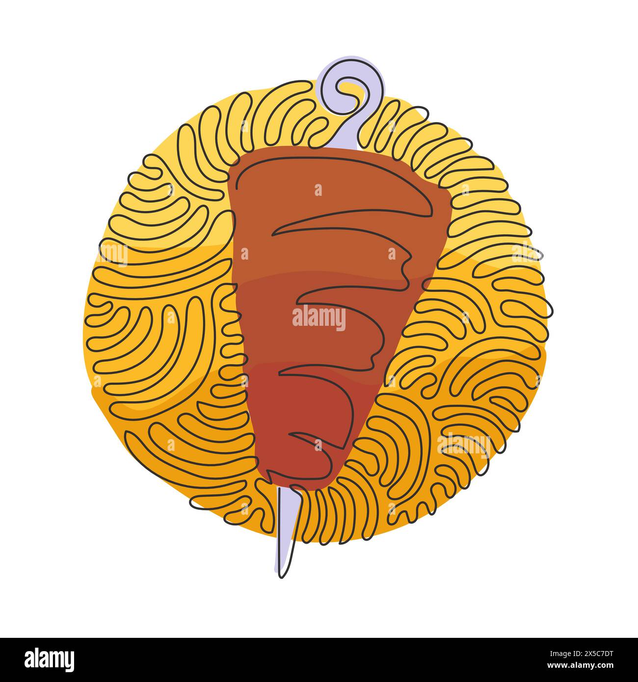 Kebab doner su asta con disegno a linea continua singola. Menu fast food della cucina araba. Cibo del Medio Oriente. Stile di sfondo cerchio arricciatura a turbolenza. Attivazione dinamica Illustrazione Vettoriale