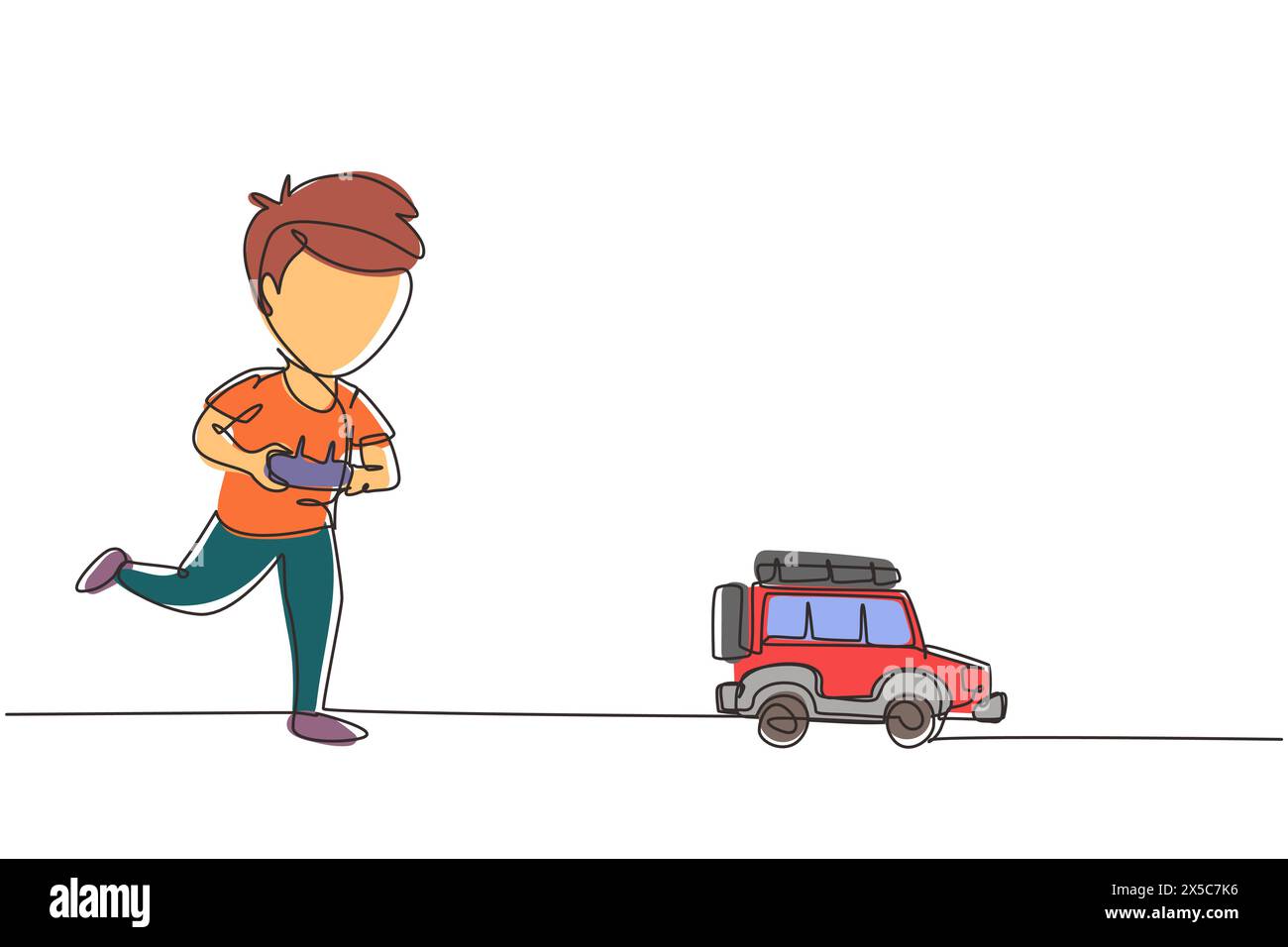 Una linea continua che disegna ragazzo che gioca con un'auto fuoristrada con telecomando. Simpatici bambini che giocano con un'auto giocattolo elettronica con telecomando in mano. S Illustrazione Vettoriale