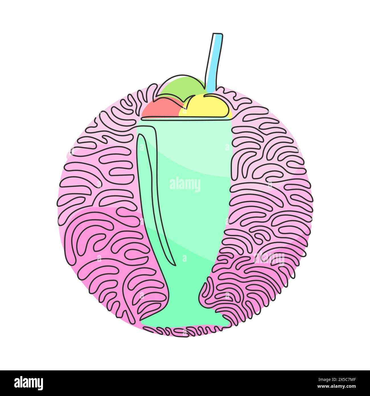 Linea singola continua per preparare deliziosi frullati in bicchieri con cannucce. Gustose bevande dolci e fredde. Stile di sfondo cerchio arricciatura a turbolenza. Attivazione dinamica Illustrazione Vettoriale