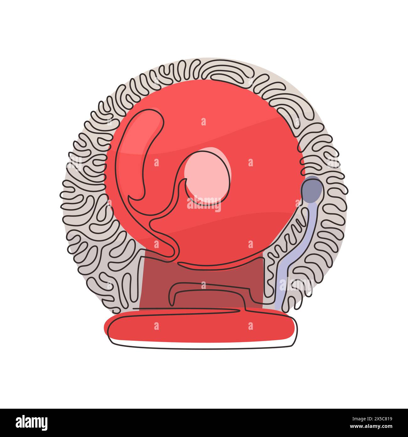 Un'unica linea che disegna il dispositivo di segnalazione del sistema di allarme antincendio rosso. Prevenzione, emergenza, campanello di avvertimento. Stile di sfondo cerchio arricciatura a turbolenza. Continuou moderno Illustrazione Vettoriale