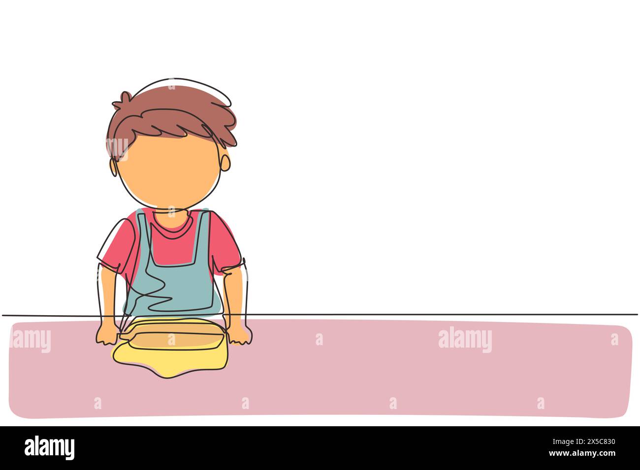 Una sola linea disegna un bambino che allunga l'impasto con il mattarello. I bambini preparano la pizza fatta in casa in cucina. Bambini che fanno lavori domestici a casa. Illustrazione Vettoriale
