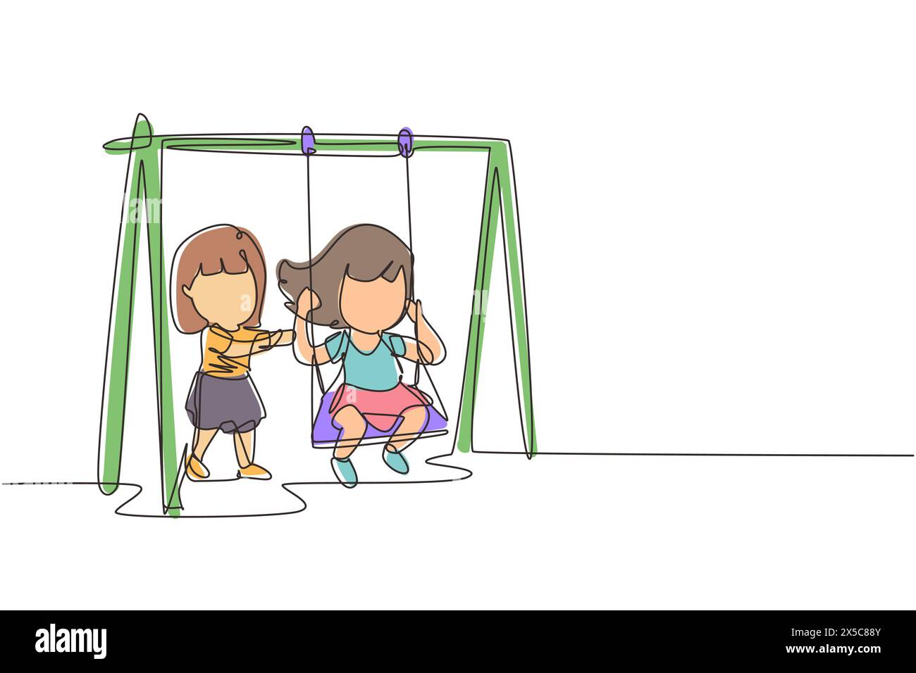 Una linea continua che disegna una bambina che oscilla sull'altalena e la sua amica ha aiutato a spingere da dietro. I bambini giocano a dondolo insieme nel parco pubblico Illustrazione Vettoriale