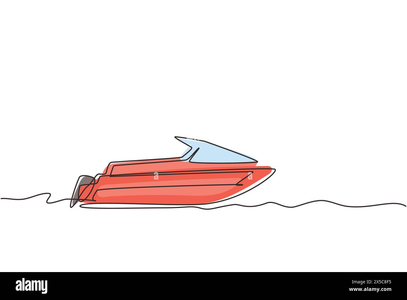 Barca a motore a una sola linea o piccola imbarcazione con motore fuoribordo. Nave marina o fluviale, icona piatta. Veicoli marittimi e fluviali. Trasporto per via d'acqua. Continua Illustrazione Vettoriale