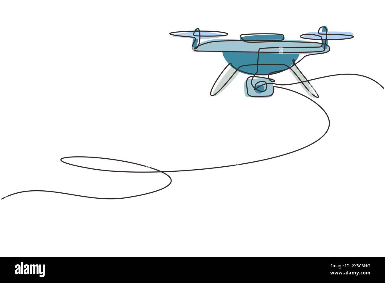 Una linea continua disegnando un drone ad aria con controllo remoto. Drone che vola con la videocamera d'azione. Creazione di fotografie con drone e video con drone. Quadricottero Illustrazione Vettoriale